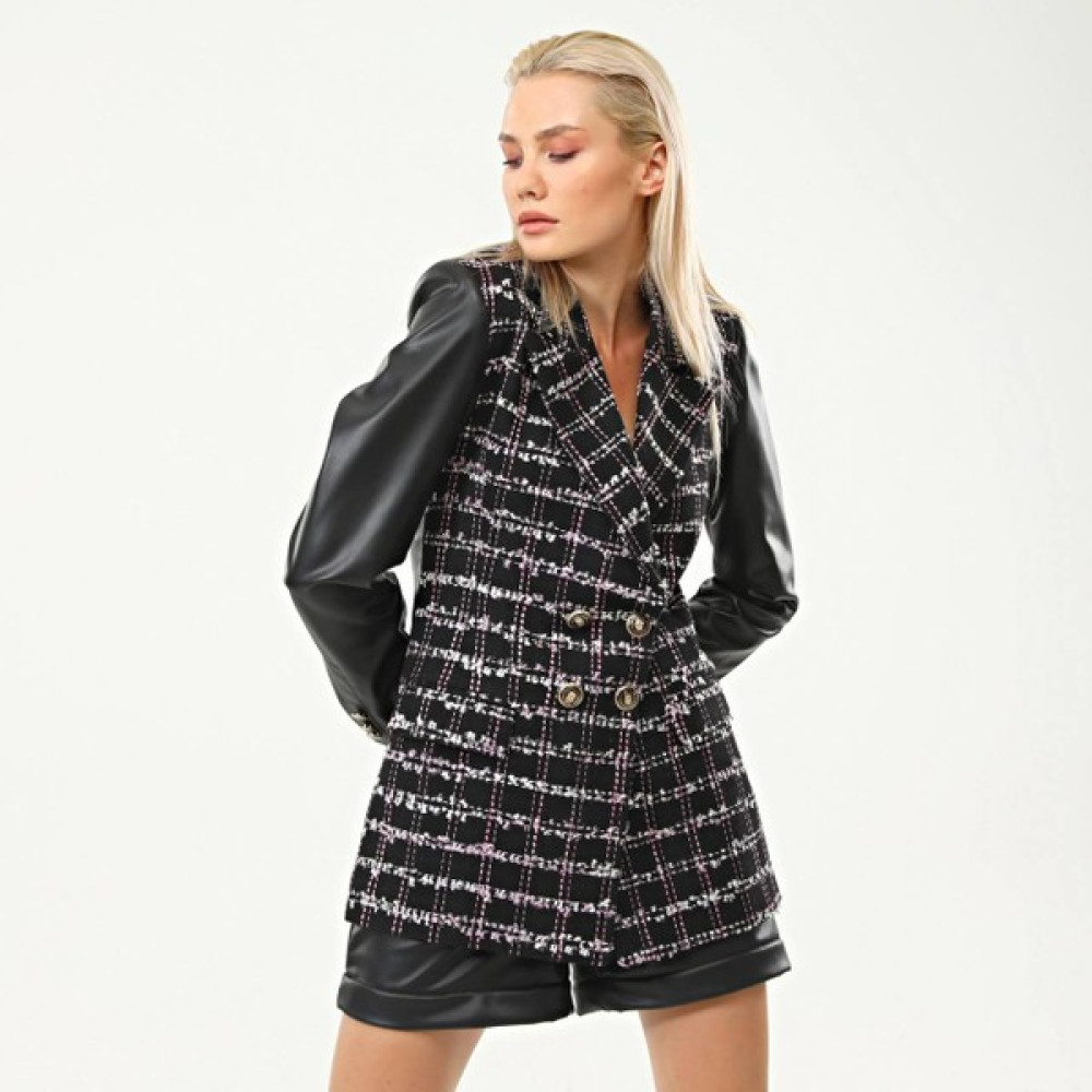 Ouz Fashion Kadın Kruvaze Kapamalı Tüvit Kumaşlı Deri Kol Garnili Blazer Ceket Bayan Ceket Fiyatı