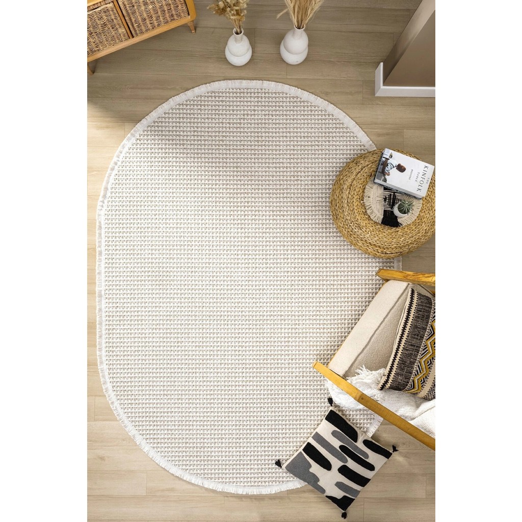 Oval Beyaz Bej Halı Modern Oturma Odası Salon Mutfak Koridor Antre Balkon Çocuk Odası Halısı 006 - 100 x 200 cm - Krem Bej Salon Halısı Fiyatı