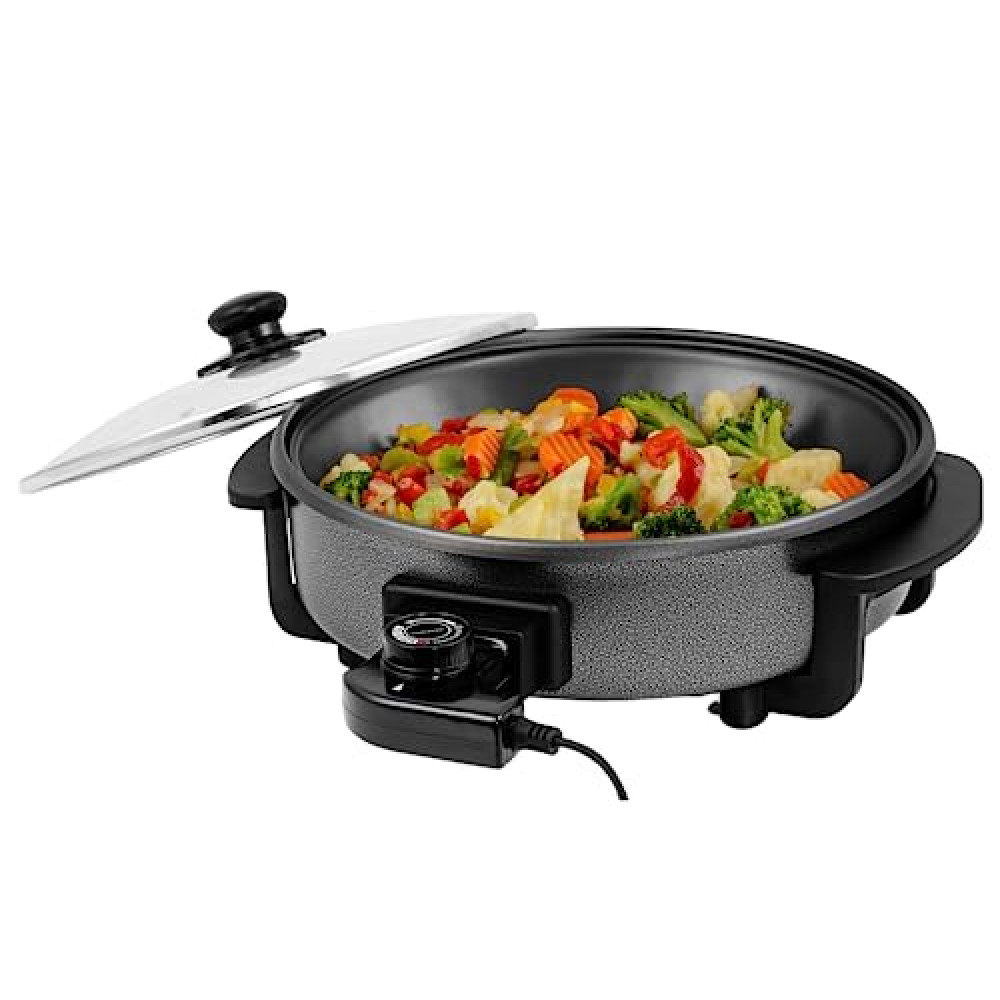 OVENTE 12 Inch Electric Skillet and Frying Pan with Nonstick Coating, 1400W Power, Adjustable Temperature Control, Tempered Glass Lid with Vent and Cool Touch Handles, Black SK11112B