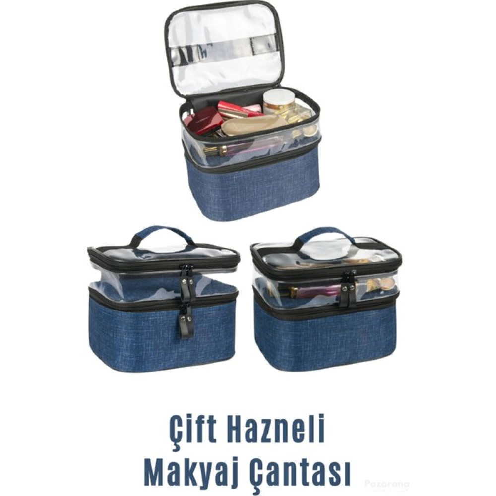 Over Pazar Makyaj Çantası Çift Bölmeli Makyaj Çantası Şeffaf Makyaj Çantası Şeffaf Bölmeli Makyaj Çantası - Mavi Makyaj Fırça ve Aksesuarları Fiyatı