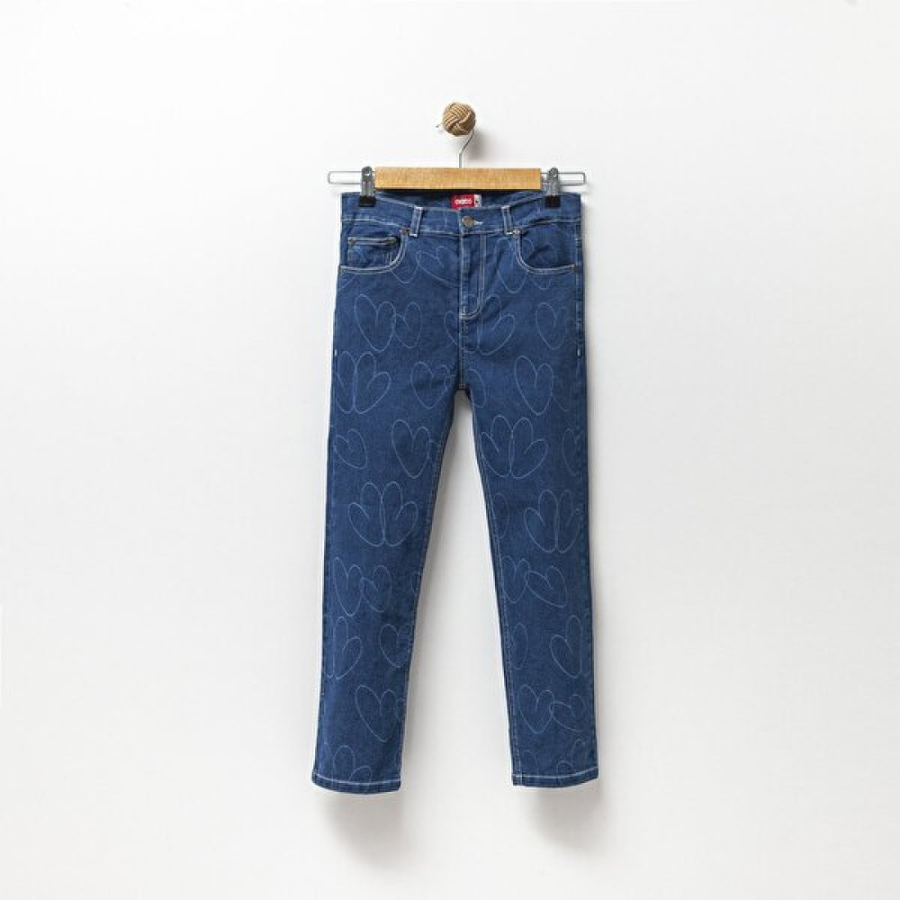 Overdo Kız Çocuk Kalp Baskılı Mavi Jeans - Kot Pantalon Kız Çocuk Pantolon Fiyatı