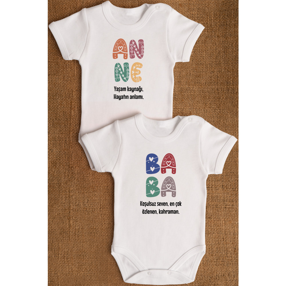 Overoz Özel Tasarım Anne Baba-2 Ikili Bebek Body Beyaz Badi Zıbın 5179-5180 18-24 AY Beden Bebek Body Fiyatı