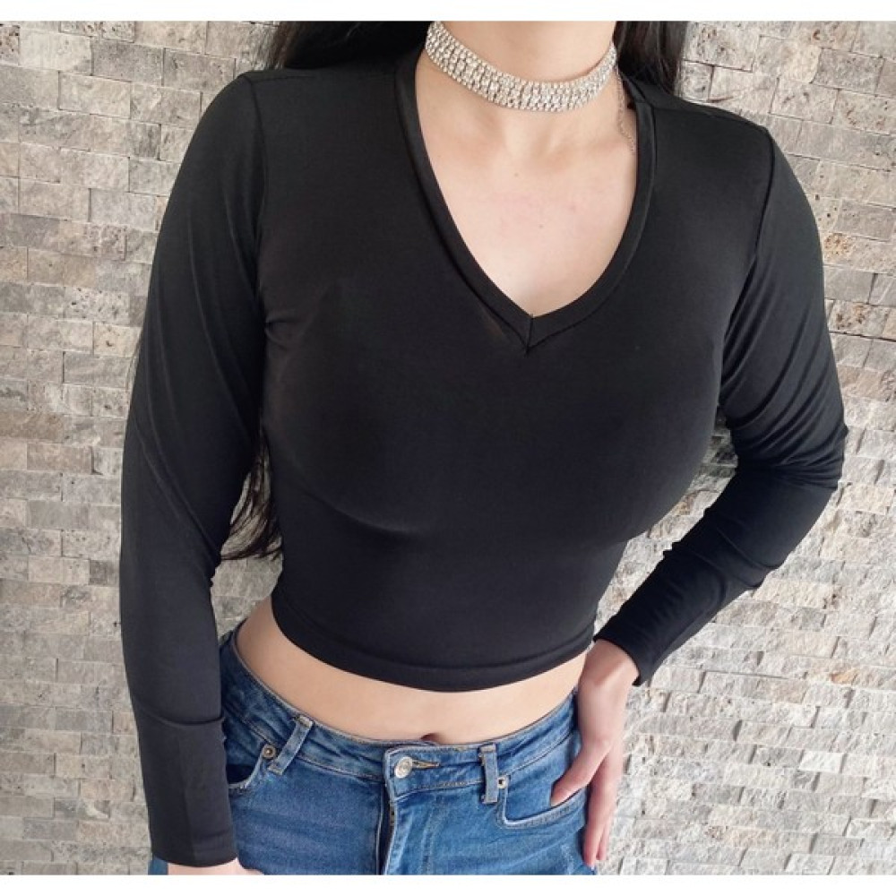 Oversize V Yaka Esnek Örme Crop Bluz Bluz Fiyatı