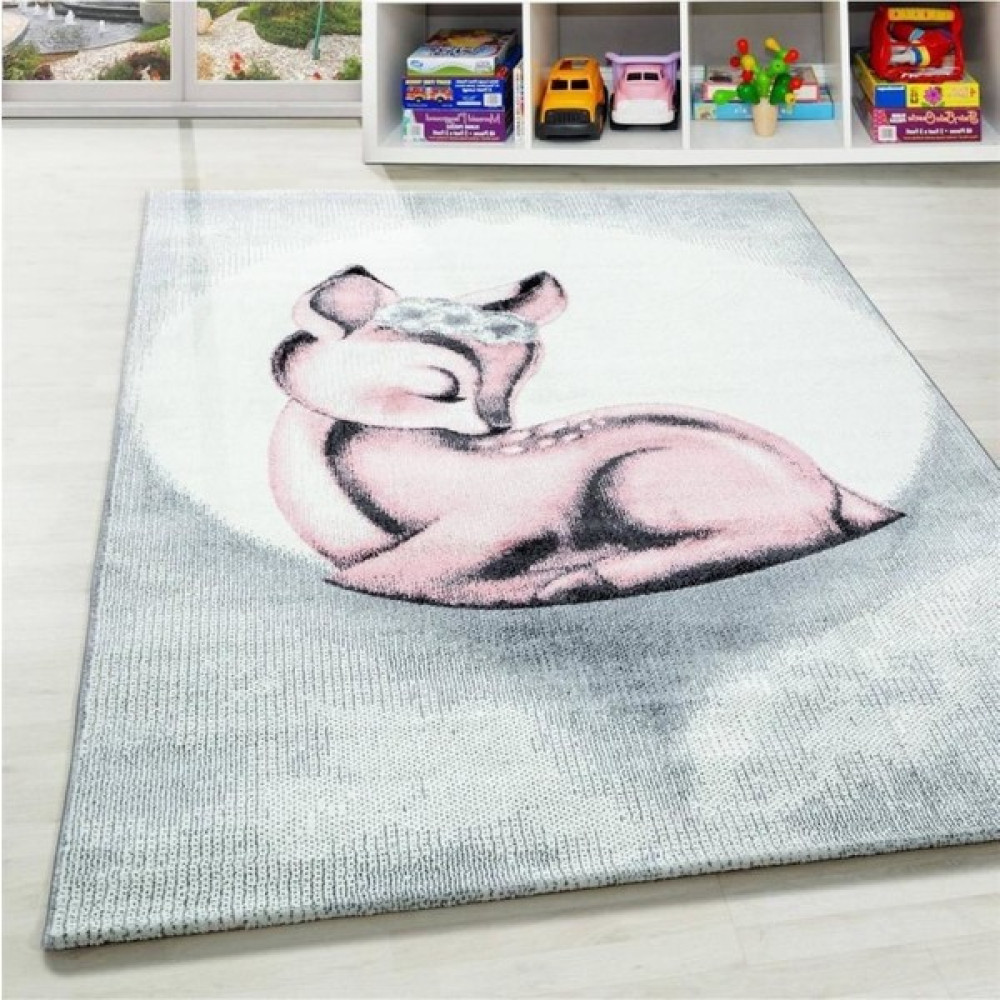 Oves Home Çocuk Bebek Odası Halısı Ceylan Karaca Desenli Pembe Gri Beyaz - 80 x 150 cm - Pembe - Gri Bebek Odası Halı Fiyatı