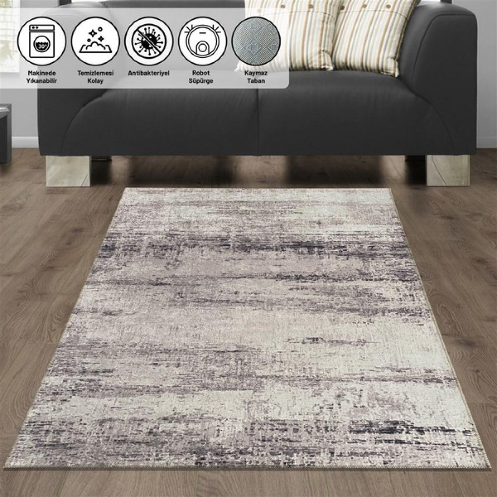 Oves Home Modern Abstrak Çizgi Desenli Gri Kaymaz Tabanlı ve Yıkanabilir Halı - 80 x 250 cm Salon Halısı Fiyatı