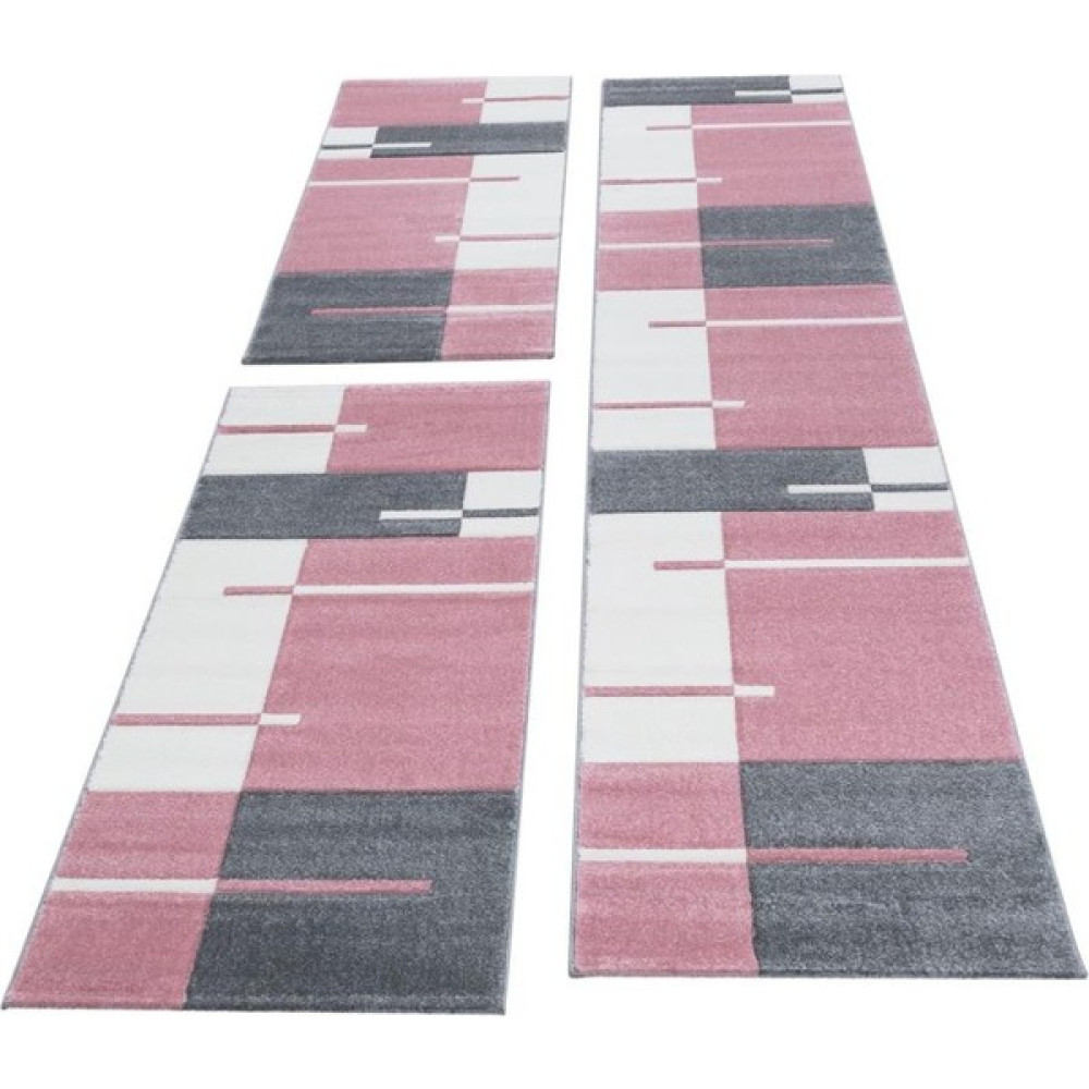 Oves Home Yolluk Takımı 3 Lü Set Yatak Odası Halı Kareli Oymalı Gri Pembe Beyaz - 80 x 600 cm - Pembe - Beyaz Yolluk Fiyatı