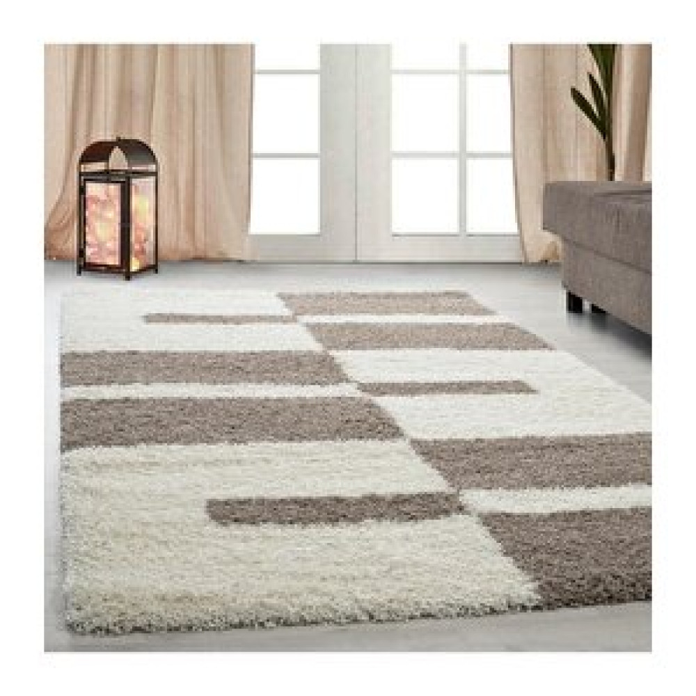 Oveshome Desenli Shaggy Halı Kareli Ve Çizgili Motif 3 Cm Hav Yüksekliği Bej Ve Krem Renkli 280x370 cm Salon & Oturma Odası Tekstili Fiyatı