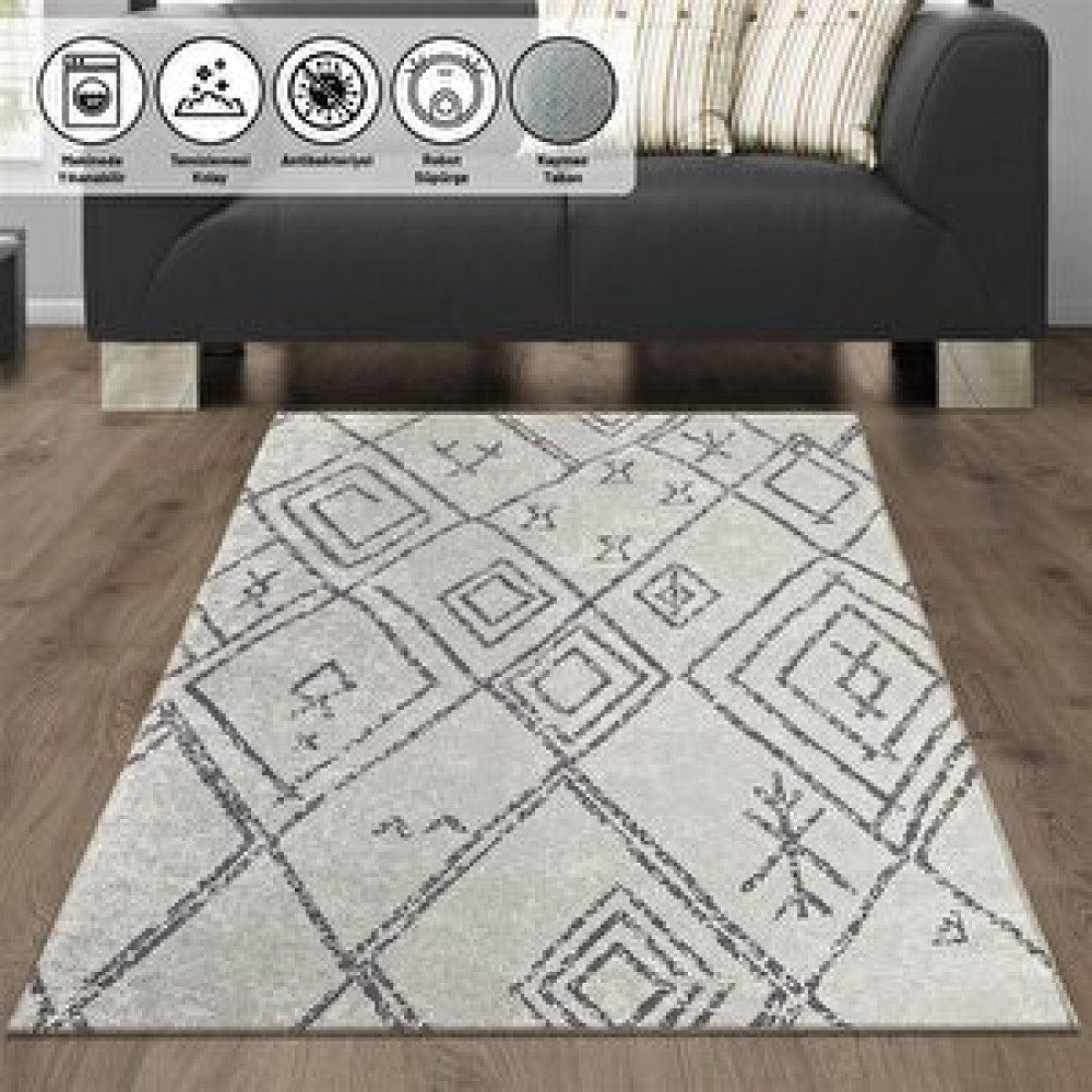 Oveshome İskandinav Geometrik Desenli Krem Renkli Modern Kaymaz Taban Yıkanabilir Halı 120x160 cm Salon & Oturma Odası Tekstili Fiyatı