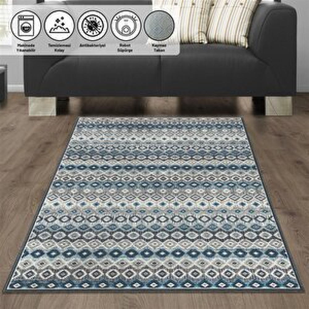 Oveshome İskandinav Kilim Desenli Mavi Gri Kaymaz Tabanlı Halı Makinada Yıkanabilir 60x100 cm Salon & Oturma Odası Tekstili Fiyatı