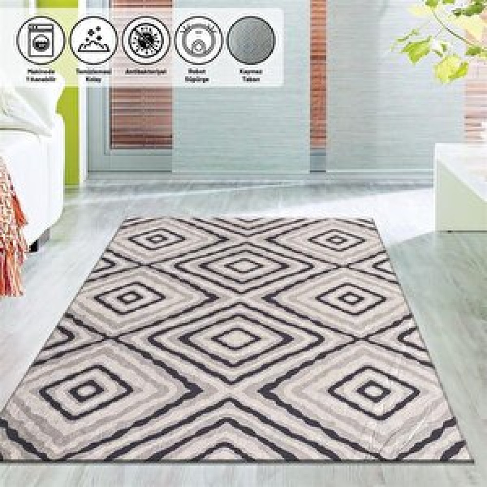 Oveshome İskandinav Tarzı Geometrik Karo Desenli Gri Tonlarda Halı Kaymaz Tabanlı Yıkanabilir 200x200 cm Salon & Oturma Odası Tekstili Fiyatı