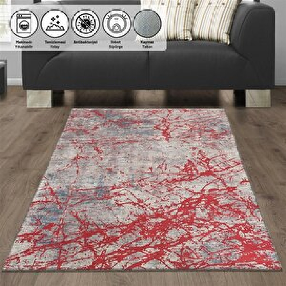 Oveshome Karma Çizgi Desenli Modern Kırmızı Gri Halı Kaymaz Taban Yıkanabilir 200x200 cm Salon & Oturma Odası Tekstili Fiyatı