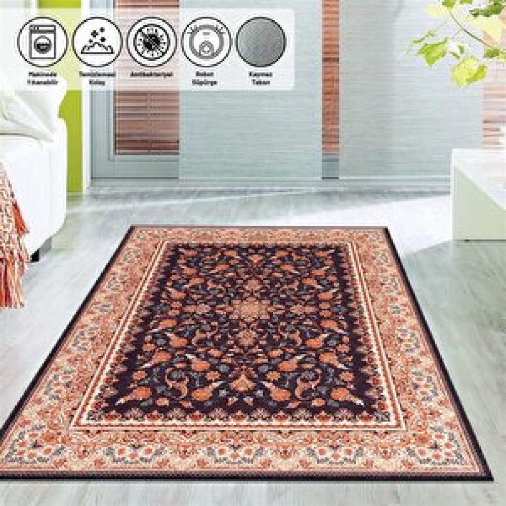 Oveshome Klasik Barok İran Tarzı Desenli Siyah Bej Yıkanılabilir Halı Kaymaz Taban 140x200 cm Salon & Oturma Odası Tekstili Fiyatı