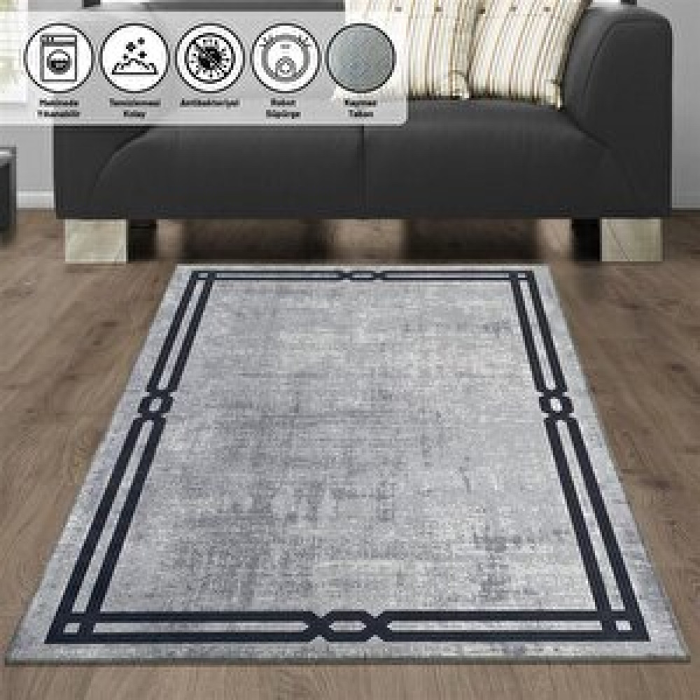 Oveshome Modern Abstrak Bordür Desenli Siyah Gri Kaymaz Tabanlı Ve Yıkanabilir Halı 80x120 cm Salon & Oturma Odası Tekstili Fiyatı