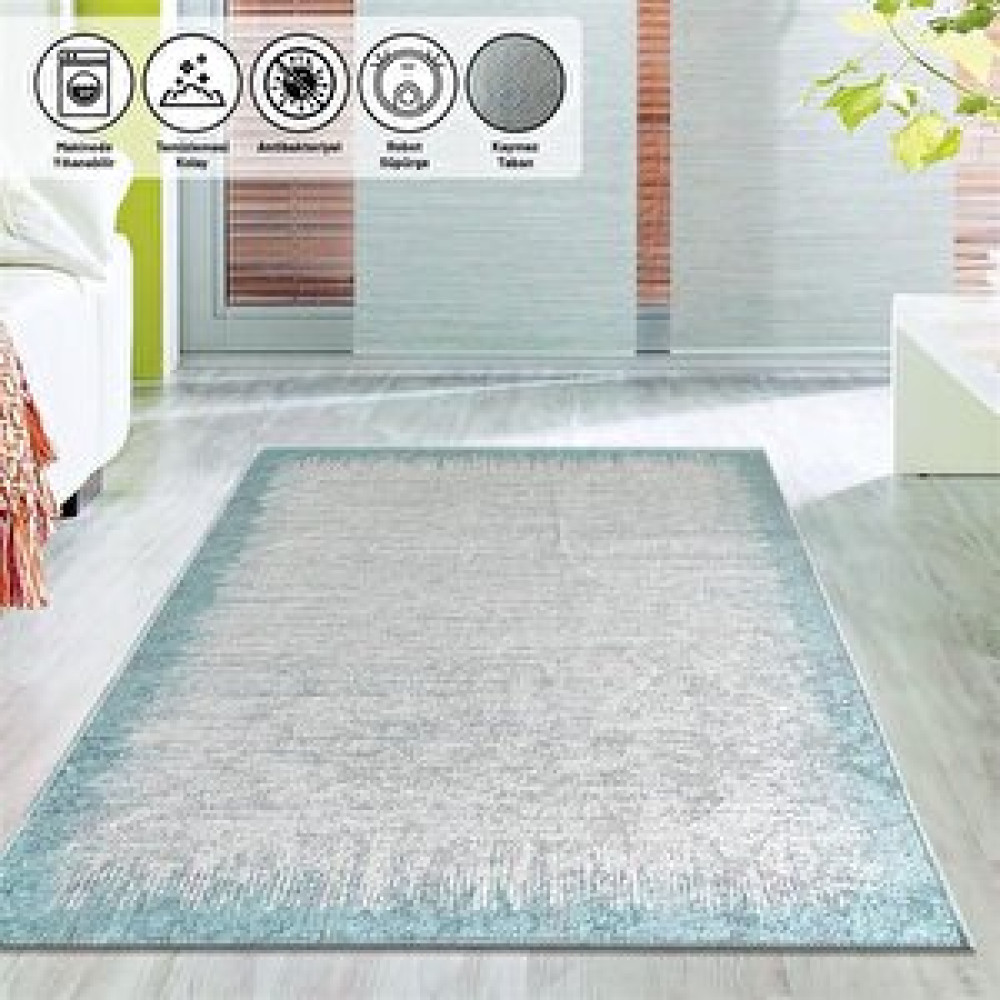 Oveshome Modern Abstrak Yağmur Bordür Desenli Turkuaz Beyaz Halı Kaymaz Taban Yıkanabilir 80x250 cm Salon & Oturma Odası Tekstili Fiyatı