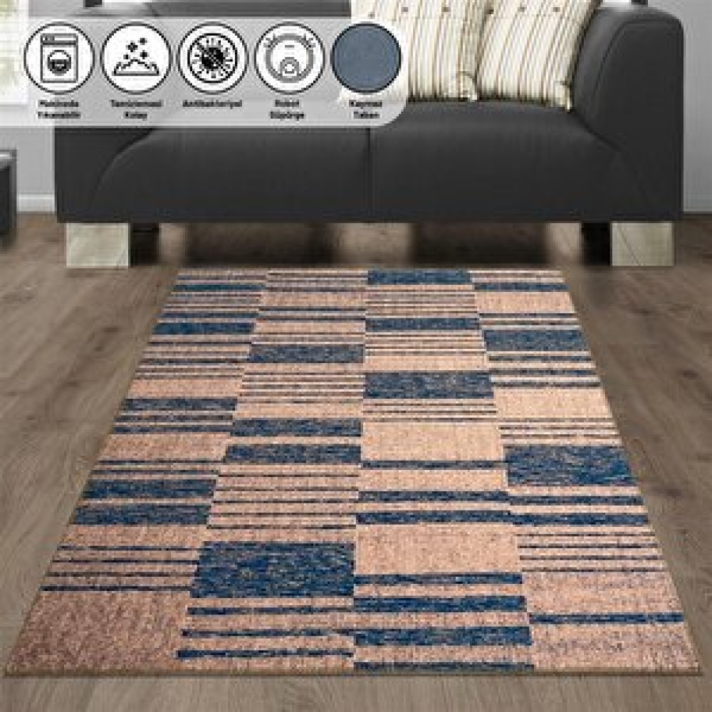 Oveshome Modern Desenli Çizgi Tarama Bej Mavi Halı Kaymaz Yıkanabilir 160x230 cm Salon & Oturma Odası Tekstili Fiyatı