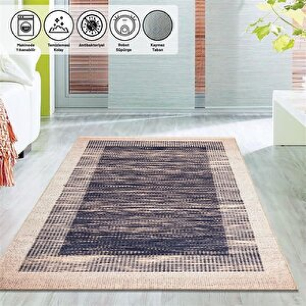 Oveshome Modern Hasır Bordür Desenli Bej Krem Halı Kaymaz Taban Yıkanabilir 100x200 cm Salon & Oturma Odası Tekstili Fiyatı