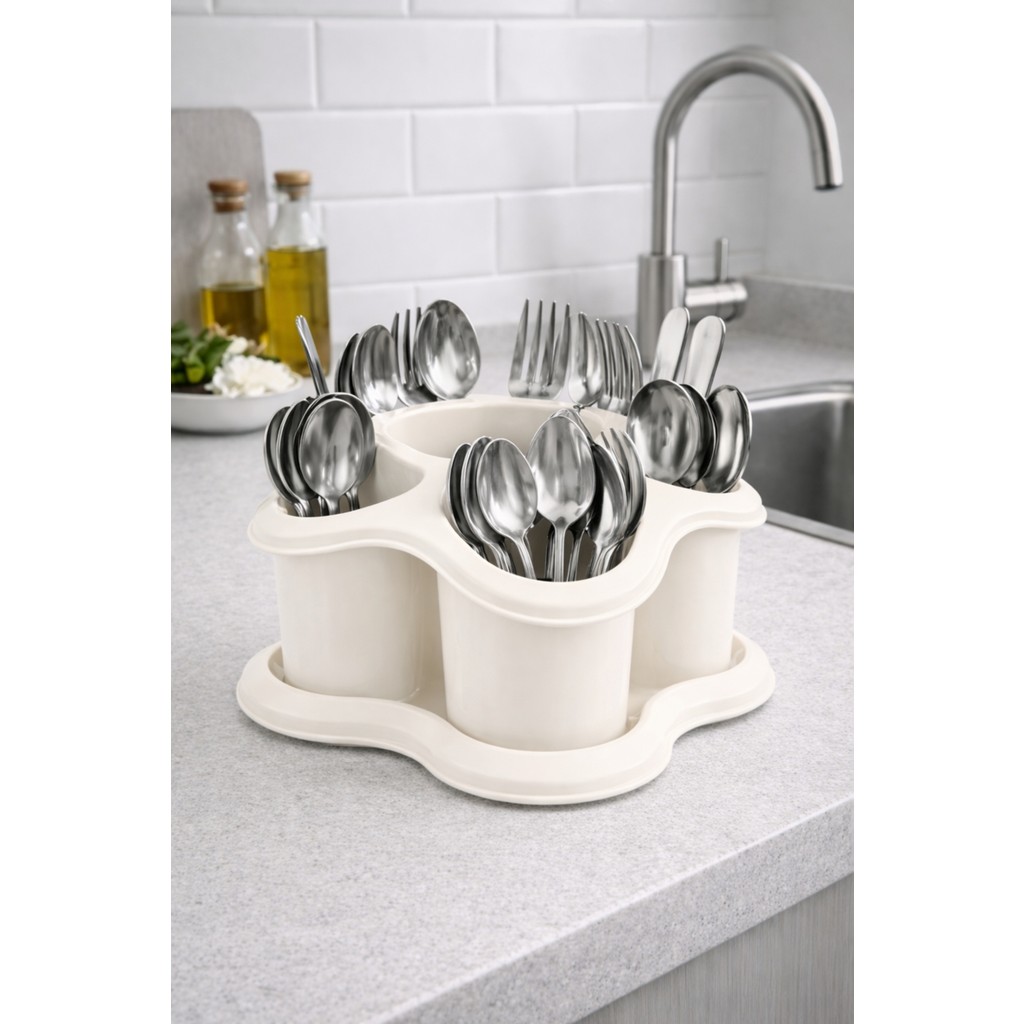 Ovio Ev Yaşam Mutfak Tezgah Üstü Kaşıklık ve Düzenleyici 5 Bölmeli Çok Amaçlı Plastik Organizer Papatya 16X16CM - Bej Çatal / Kaşık / Bıçak Takımları Fiyatı