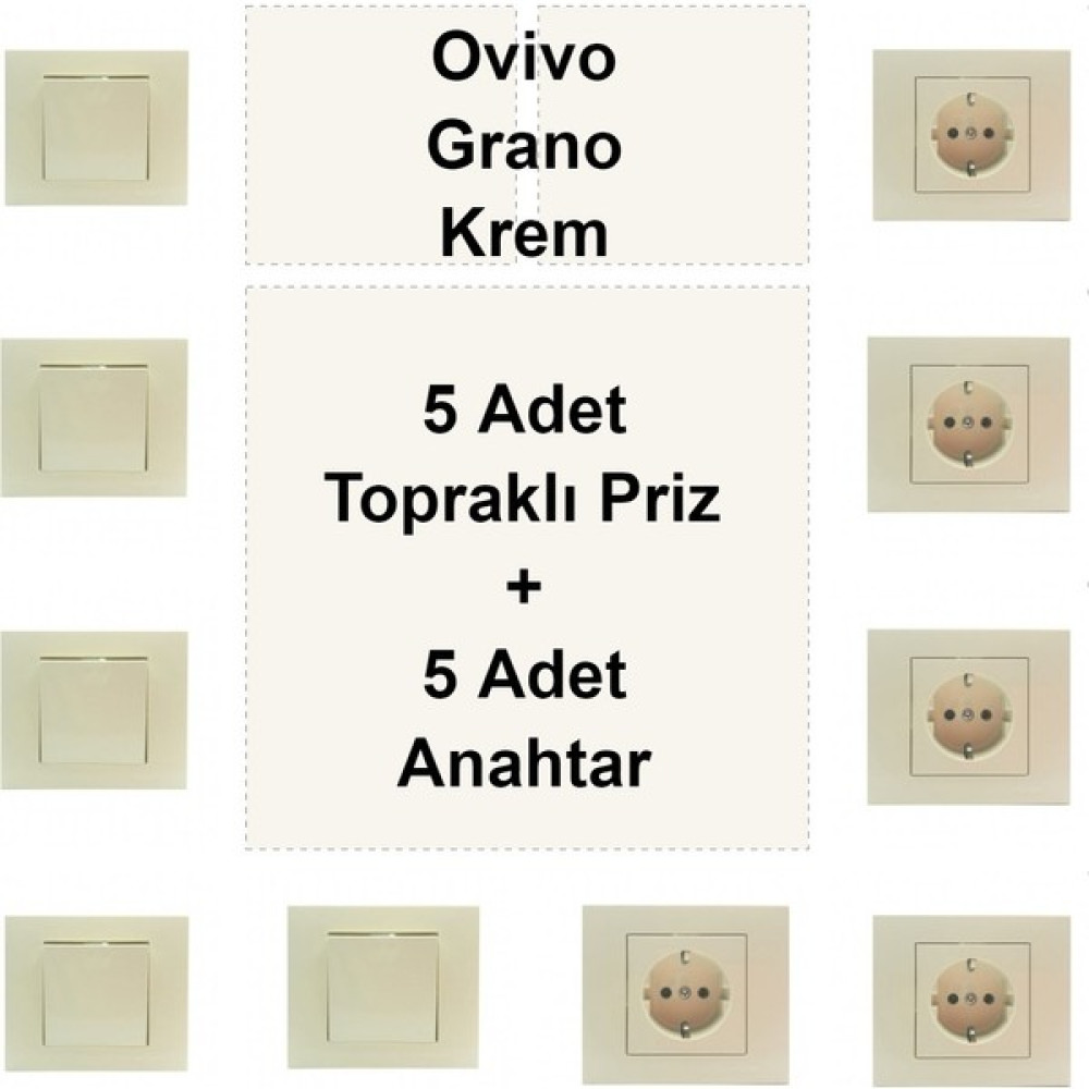 Ovivo Grano Krem 5 Adet Topraklı Priz + 5 Adet Anahtar Prizler Fiyatı