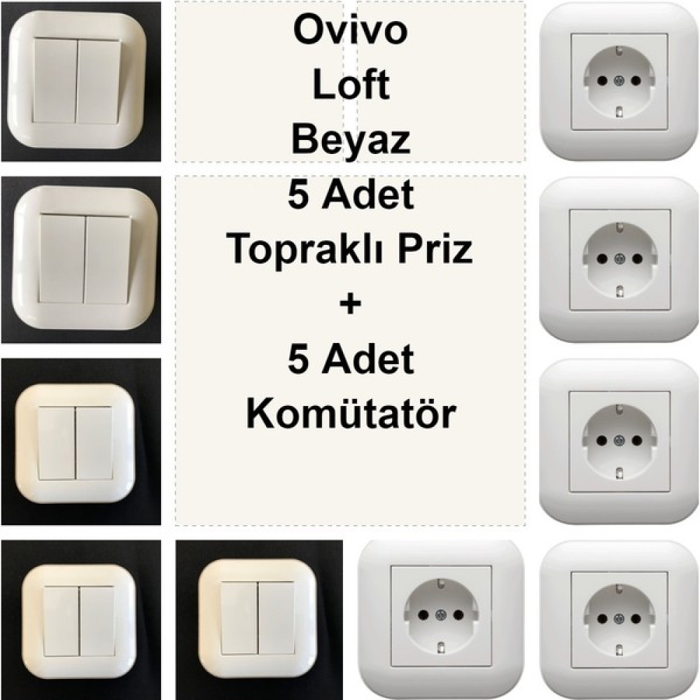 Ovivo Loft Beyaz 5 Adet Topraklı Priz + 5 Adet Komütatör Prizler Fiyatı