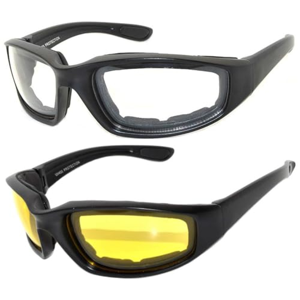OWL 2 Pack Motorcycle Riding Glasses for Men and Women, Foam Padded Wind Blocker Sunglasses for Day and Night Driving Clear and Yellow Lenses