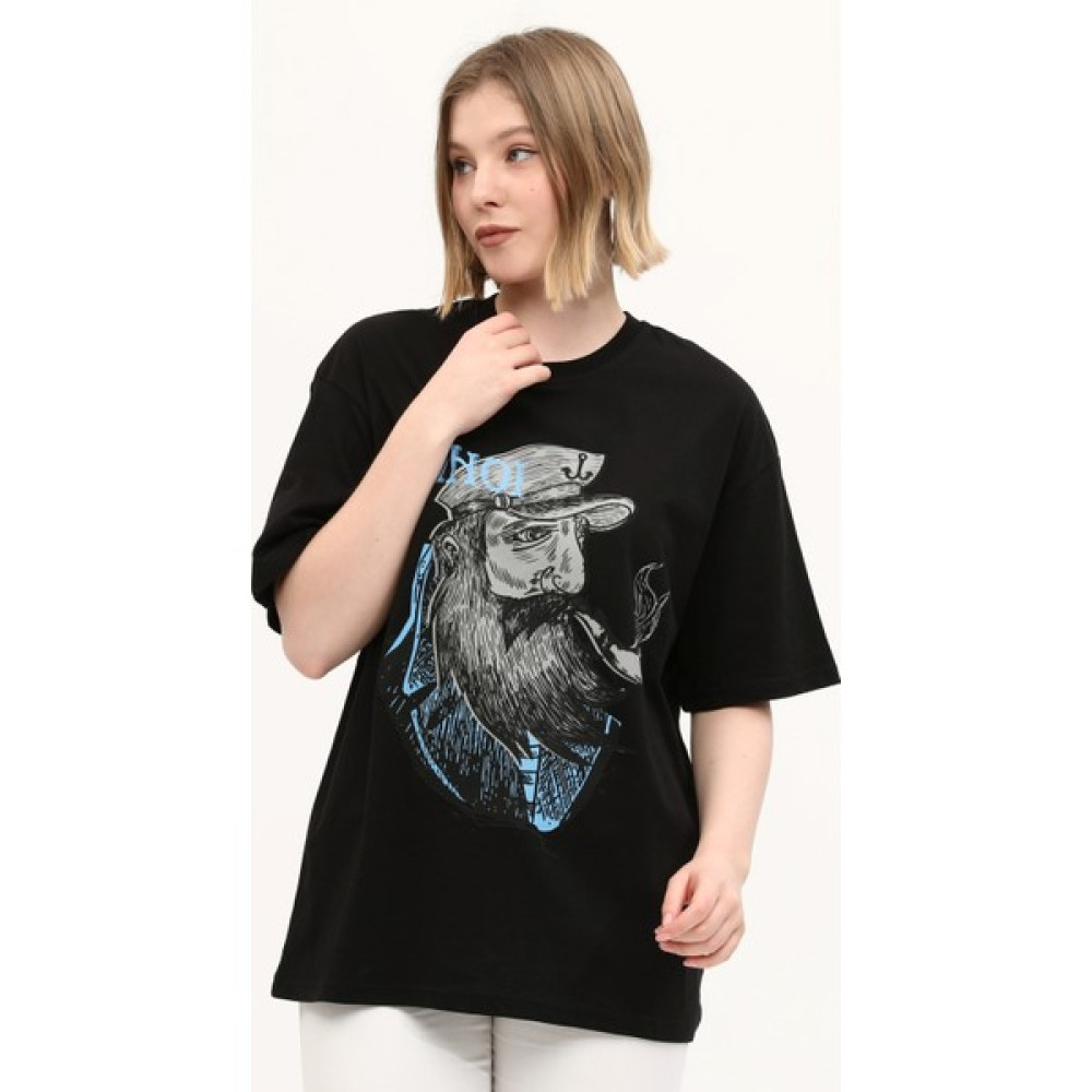 Owut Collection Siyah Pamuk Bisiklet Yaka Baskılı Oversize Örme T-Shirt Erkek T-shirt Fiyatı