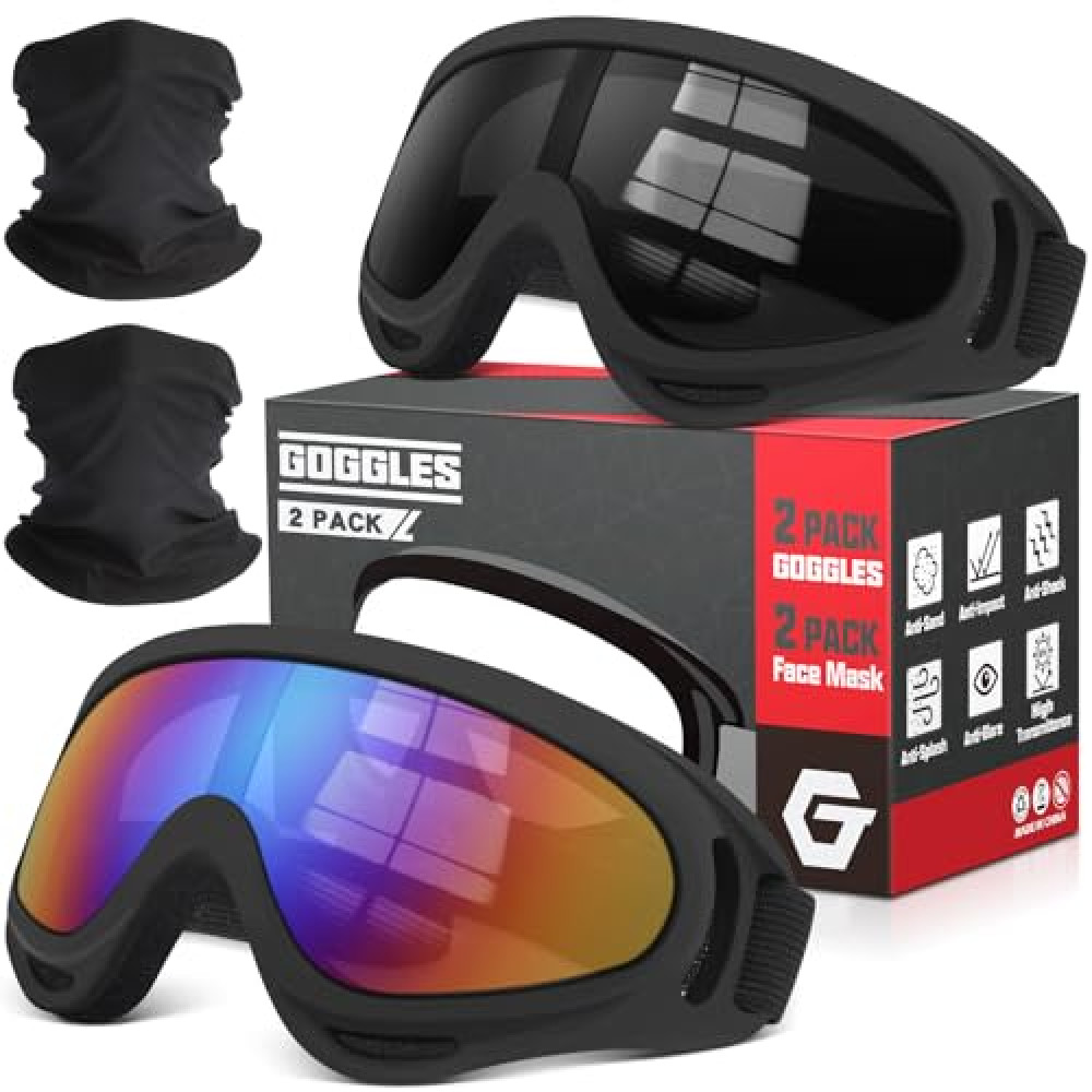 OXG 2 Pack Motorcycle Goggles with 2 Neck Gaiters, UV400 Protection Dirt Bike Goggles Dust-proof Motocross ATV Skiing Goggles (Grey+Multicolor)