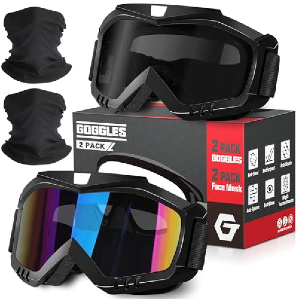 OXG 2 Pack Motorcycle Goggles with Neck Gaiters, OTG Dirt Bike Goggles Dust-proof UV400 Motocross ATV Skiing Goggles (Grey + Multicolor)