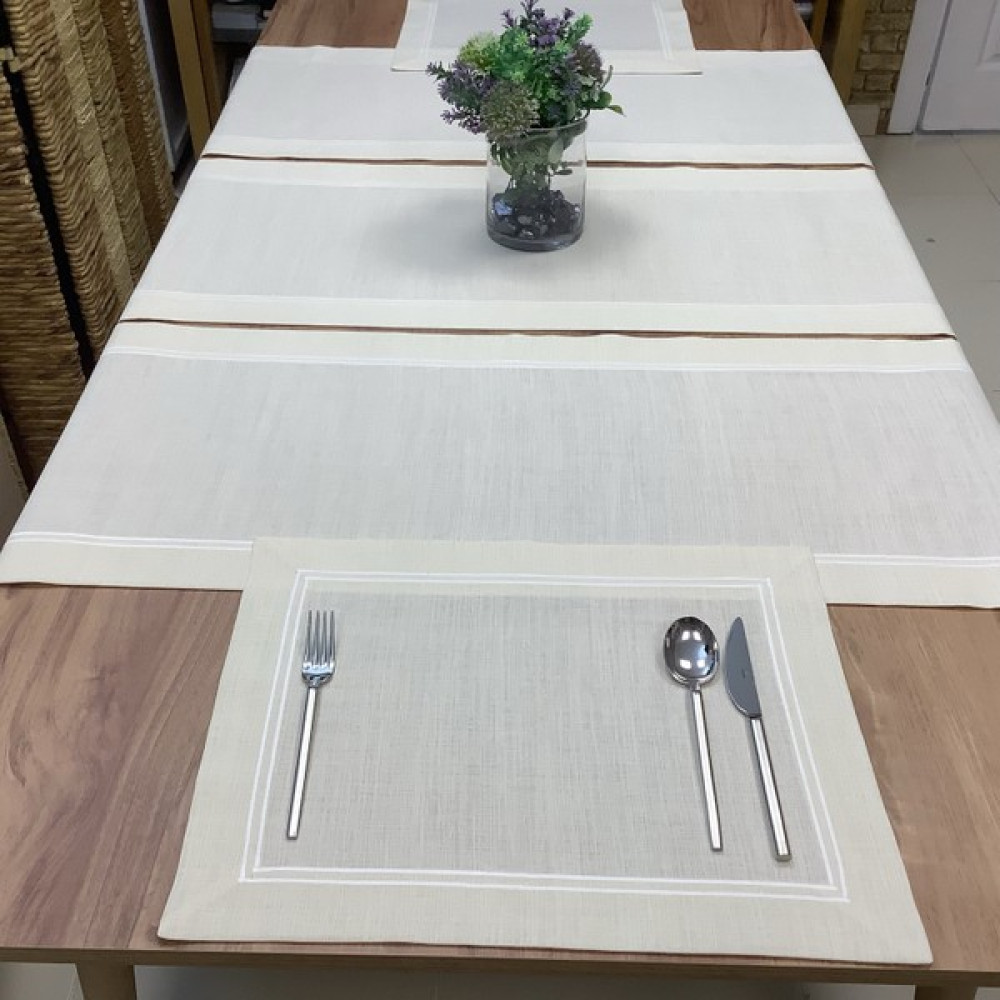 Oya Home Çift Pikolu Ranır & Amerikan Servis Set ( 5 Parça ) - Krem Rengi - 40 x 145 cm Masa Örtüsü Fiyatı