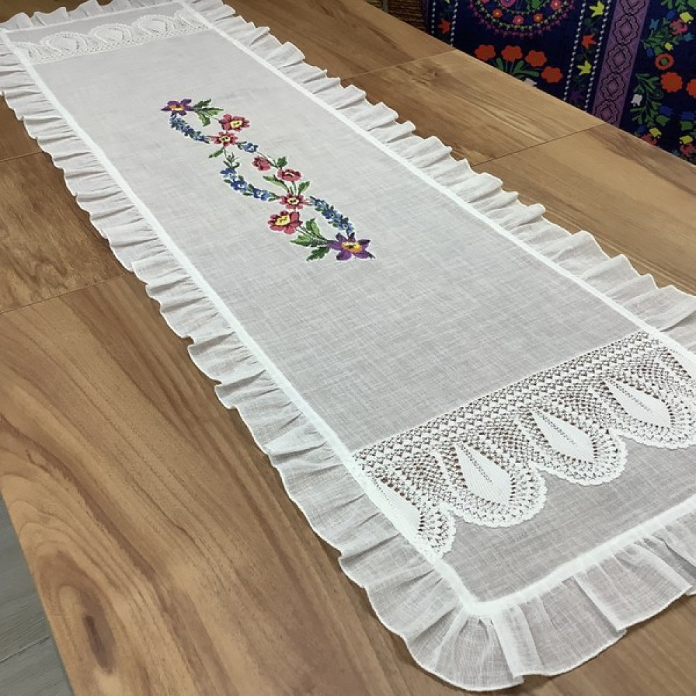 Oya Home El Kaneviçe Işlemeli & Dantel Detaylı RANIR-45*150 cm - 150 x 45 cm - Kırık Beyaz Masa Örtüsü Fiyatı
