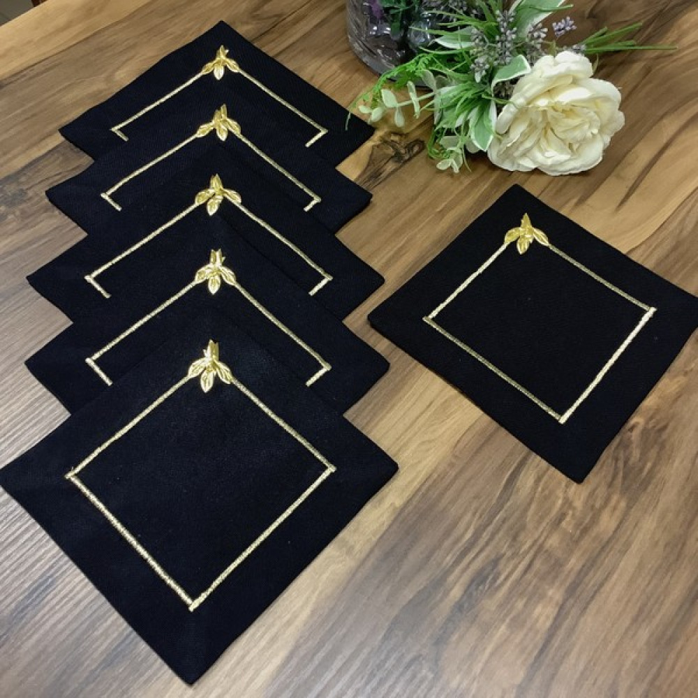 Oya Home Kahve Altı Sunum Peçetesi Siyah Zemin& Gold Dikiş& Gold Yaprak - Ekru - 16 x 16 cm Masa Örtüsü Fiyatı