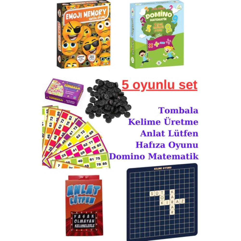 Oyun ve Sanat 5'li Eğlence Oyun Seti- Tombala, Kelime Oyunu ,emoji Memory Hafıza, Domino Matematik, Anlat Lütfen Oyun Takımları Fiyatı