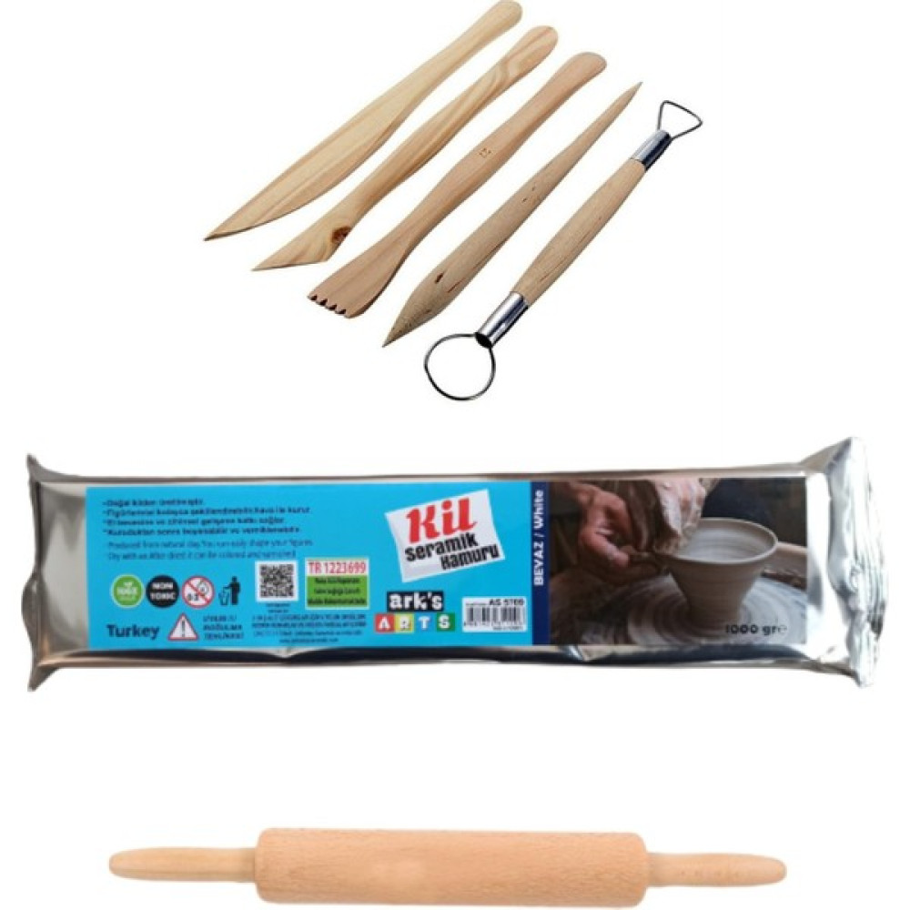 Oyun ve Sanat Oyun ve Sanat, Seramik Başlangıç Seti 2, Seramik Hamuru 1kg, Ahşap Ebeşuar Modelaj Kalemi 5'li, Ahşap Merdane Sanatsal Malzemeler Fiyatı