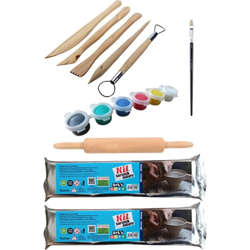 Oyun ve Sanat Oyun ve Sanat, Seramik Başlangıç Seti 7, Seramik Hamuru 1 kg 2'li, Ahşap Ebeşuar 5'li, Merdane, Boya, Fırça Sanatsal Malzemeler Fiyatı