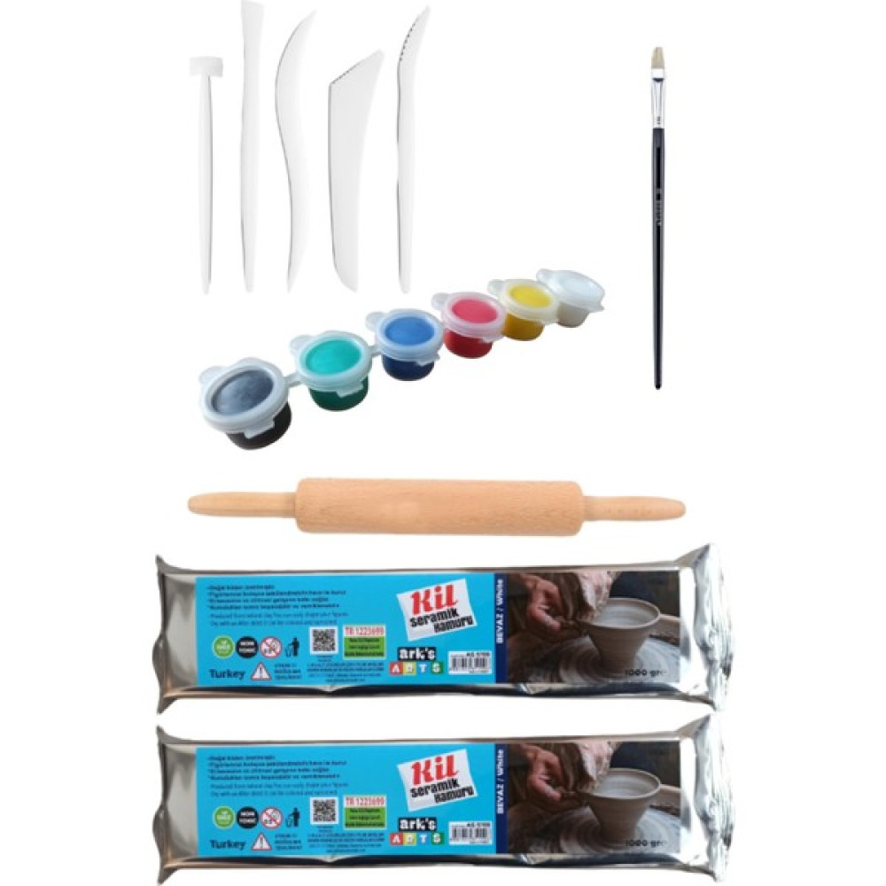 Oyun ve Sanat Oyun ve Sanat, Seramik Hamuru Başlangıç Seti 5, Seramik Hamuru 1 kg 2'li, Plastik Ebeşuar, Ahşap Merdane, Boya, Fırça Sanatsal Malzemeler Fiyatı