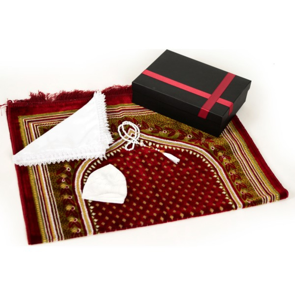 Öz Kadife Seccade Seti, Hac Hediyelik, 4'lü Set, Tespih, Kadife Seccade, Takke, Güpürlü Namaz Örtüsü, - Bordo - 70 x 110 cm Seccade Fiyatı