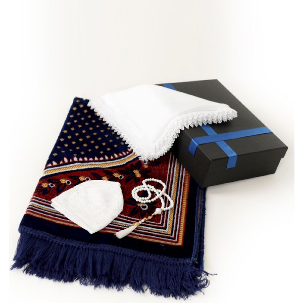 Öz Kadife Seccade Seti, Hac Hediyelik, 4'lü Set, Tespih, Kadife Seccade, Takke, Güpürlü Namaz Örtüsü, - Lacivert - 70 x 110 cm Seccade Fiyatı