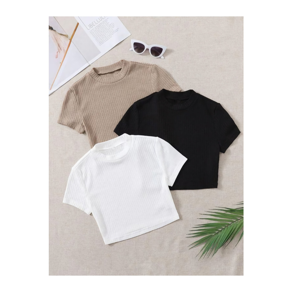ÖZ PAMUK Kadın 3 Lü Adet Fitilli %100 Pamuklu Bisiklet Yaka Örme Kaşkorse Crop T-shirt S Beden Bluz Fiyatı