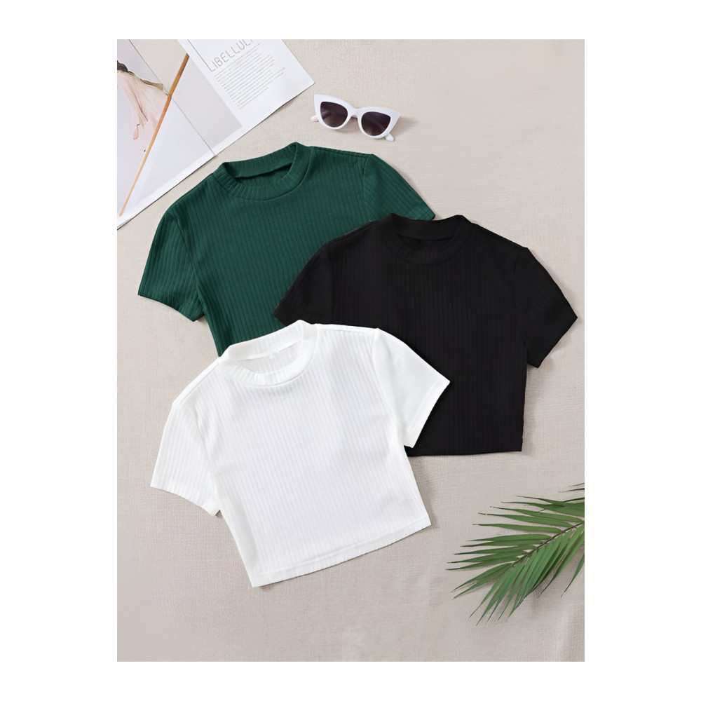 ÖZ PAMUK Kadın 3 Lü Adet Siyah Fitilli Pamuklu Örme Crop T-shirt M Beden Bluz Fiyatı