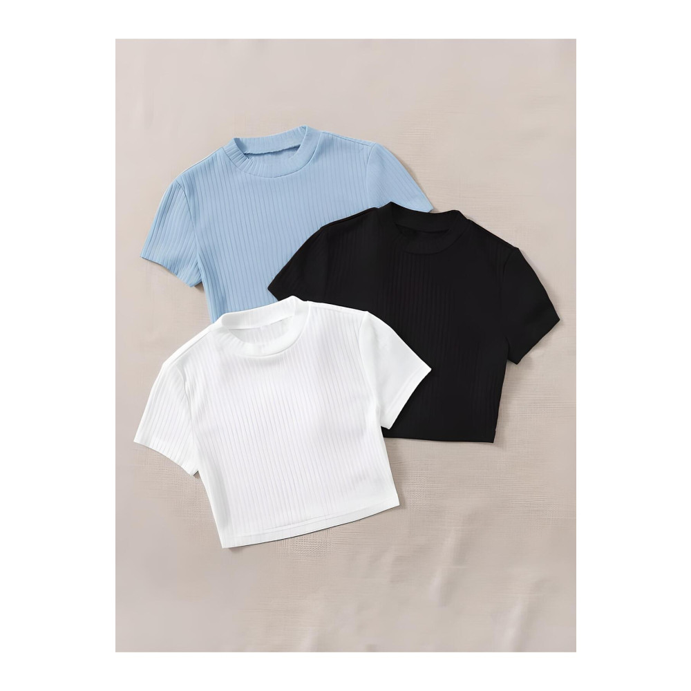 ÖZ PAMUK Kadın 3 Lü Adet Siyah Fitilli Pamuklu Örme Crop T-shirt S Beden Bluz Fiyatı