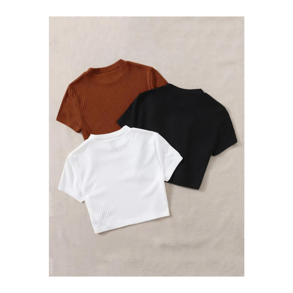 ÖZ PAMUK Kadın 3 Lü Adet Siyah Fitilli Pamuklu Örme Crop T-shirt Standart Beden Bluz Fiyatı