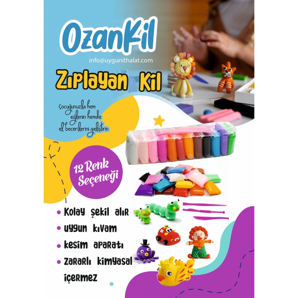 Ozankil Air Clay Zıplayan Kil Hava ile Kuruyan Modelleme Kili ( 115 gr ) 12 Adet - Renkli Oyun Hamuru & Kil Fiyatı