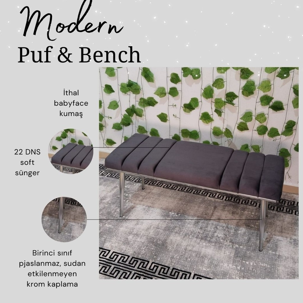 Özcan Mobilya Aksesuar Krom Metal Ayaklı Metal Kasalı Bench Mutfak Salon Antre Yatak Odası Balkon Puf Bank - Füme Diğer Fiyatı