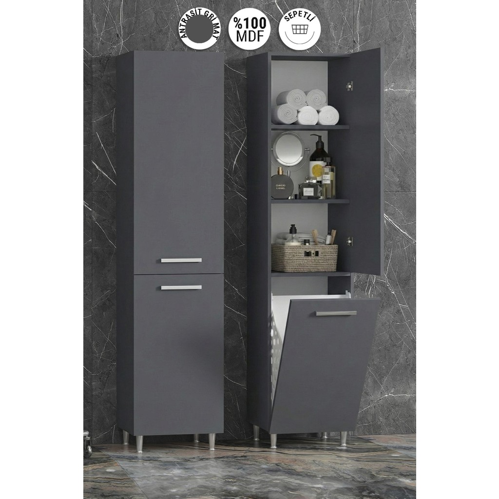 Özceden 35X167 cm Antrasit Gri Mat Mdf Sepetli Ayaklı Banyo Boy Dolabı Diğer Fiyatı