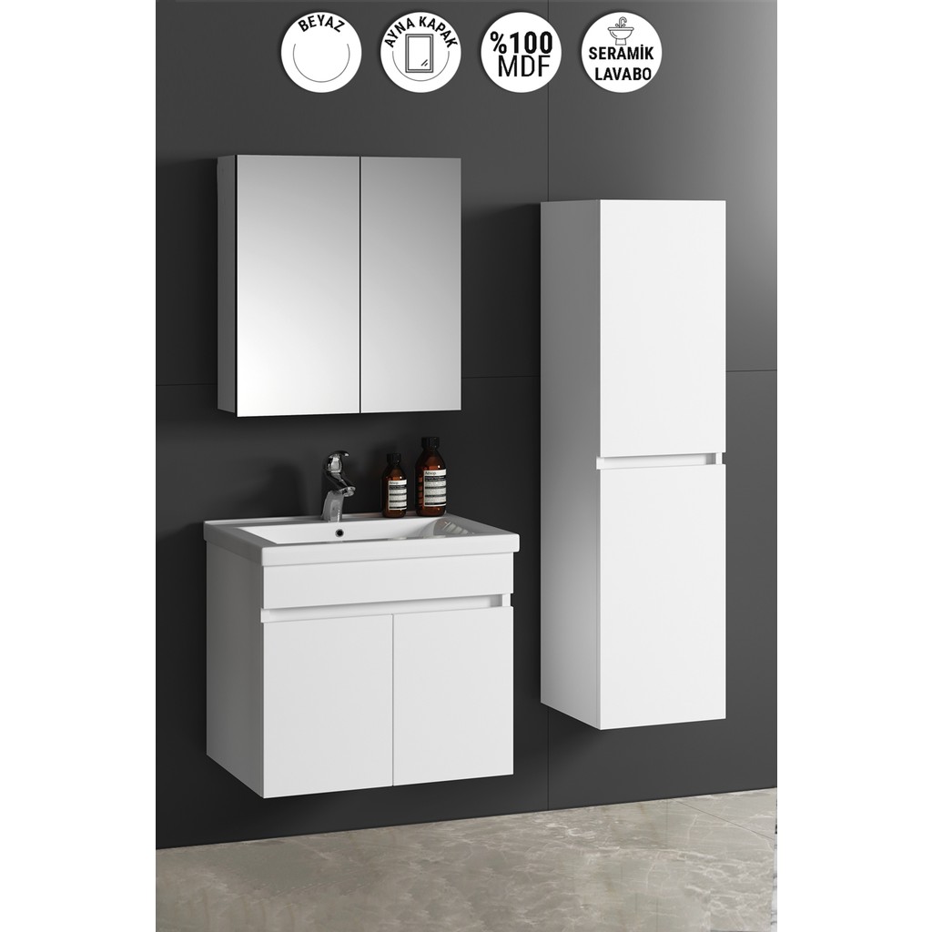 Özceden Aynalı Boy Dolaplı Banyo Dolabı Takımı 65+35 cm Seramik Lavabolu Komple Mdf - Beyaz Banyo Dolabı / Mobilyası Fiyatı
