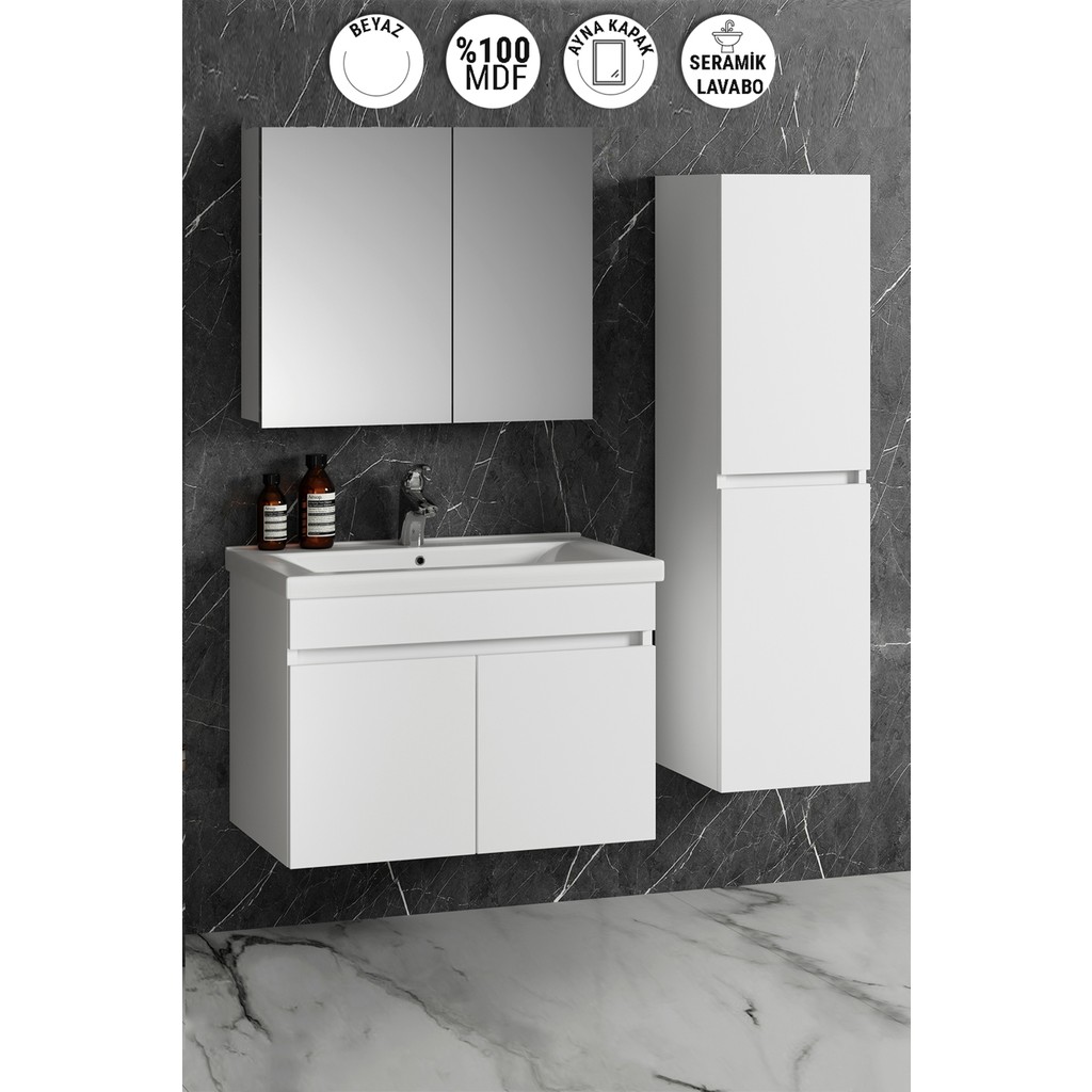 Özceden Aynalı Boy Dolaplı Banyo Dolabı Takımı 80+35 cm Komple Mdf ve Seramik Lavabolu - Beyaz Banyo Dolabı / Mobilyası Fiyatı