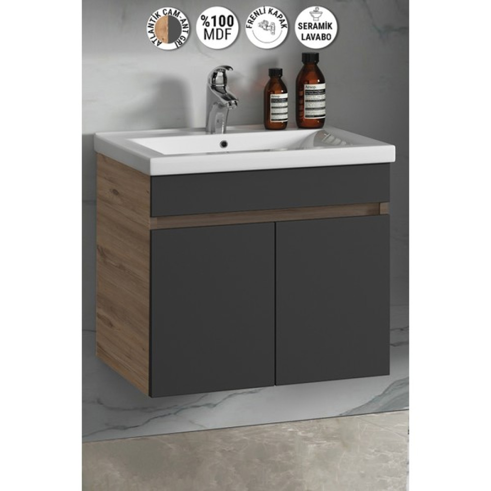 Özceden Çiğdem 55 cm Atlantik Çam-Antrasit Gri Mat Mdf Seramik Lavabolu Asma Banyo Alt Dolabı - Antrasit - Atlantik Çam Banyo Dolabı / Mobilyası Fiyatı