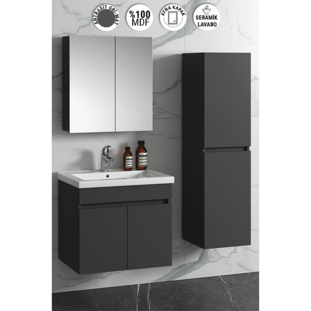 Özceden Çiğdem 55+35 cm Antrasit Gri Mat Mdf Seramik Lavabolu Asma Banyo Dolabı Takımı Banyo Dolabı / Mobilyası Fiyatı