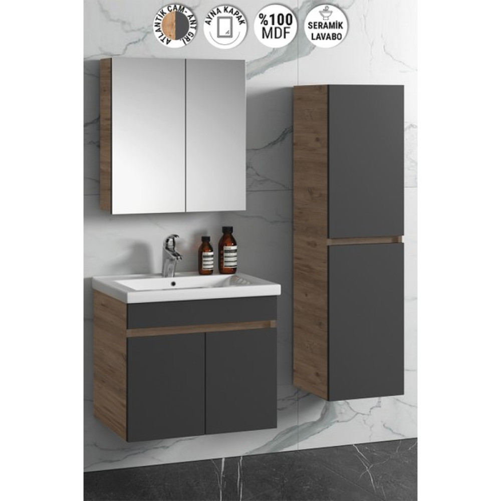 Özceden Çiğdem 55+35 cm Atlantik Çam- Antrasit Gri Mat Mdf Seramik Lavabolu Asma Banyo Dolabı Takımı - Antrasit - Atlantik Çam Banyo Dolabı / Mobilyası Fiyatı
