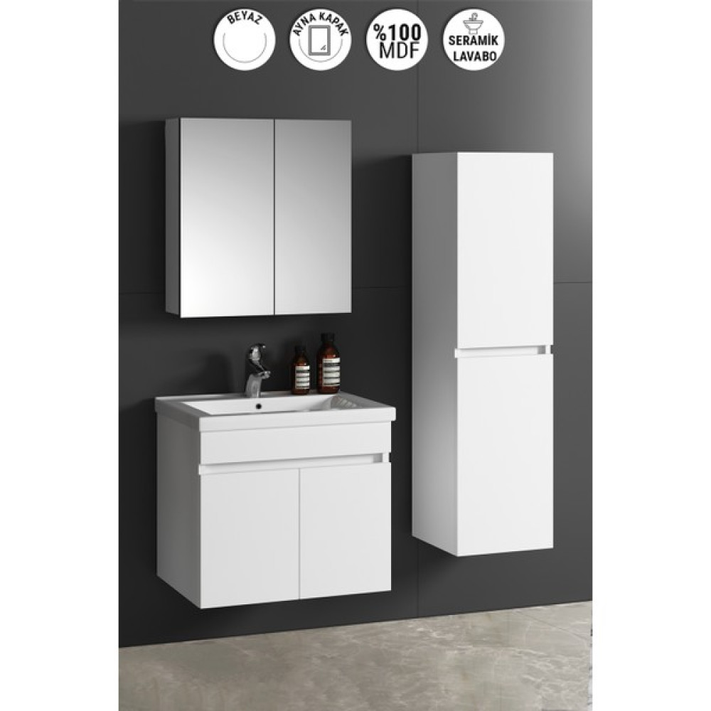 Özceden Çiğdem 55+35 cm Beyaz Mdf Seramik Lavabolu Asma Banyo Dolabı Takımı Banyo Dolabı / Mobilyası Fiyatı