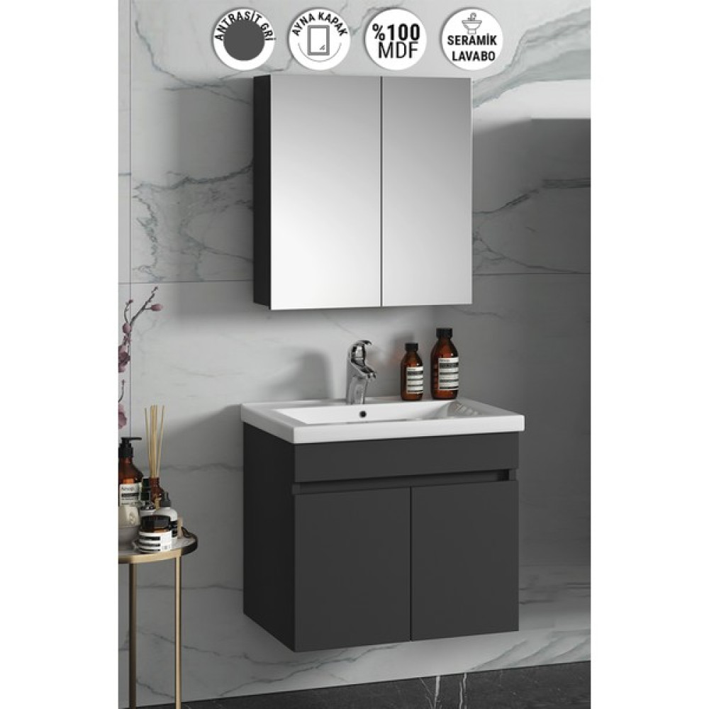 Özceden Çiğdem 65 cm Antrasit Gri Mat Mdf Seramik Lavabolu Asma Banyo Dolabı Takımı Banyo Dolabı / Mobilyası Fiyatı